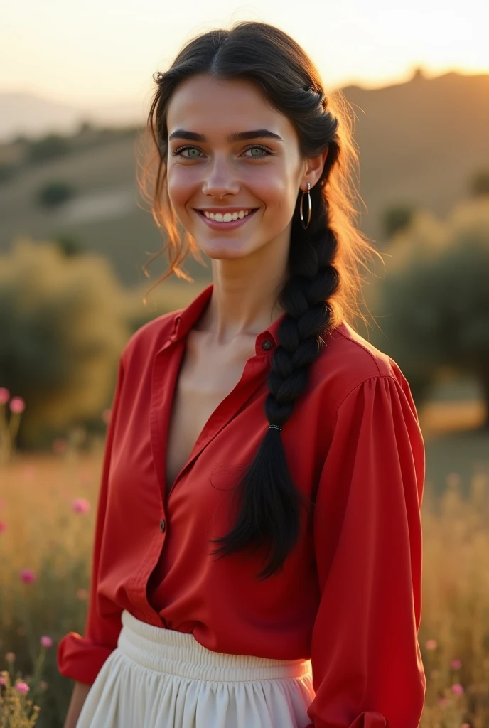 A highly realistic, detailed image of a young Italian woman with long, black hair braided into a ponytail. She has striking blue eyes and a beautiful, natural smile. The woman is not wearing any makeup, showcasing her natural beauty. She is dressed in a red shirt and a white skirt, standing in an outdoor setting during the golden hour. The background features a serene Italian countryside with soft, warm lighting casting gentle shadows, emphasizing the vibrant colors of her clothing and the rich details of her face and hair, full body picture
