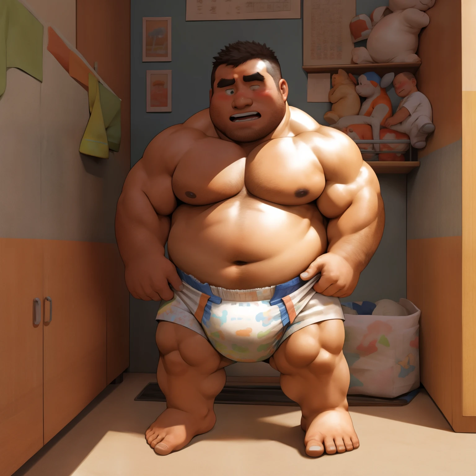 masterpiece, Top quality, in 32K, perfect anatomy, hyper detailed, super fine illustration, The thick man is a brutal prisoner, retarded, hairy, human, 50yo in japan, (fatness: 1.0), Fatty muscle, Bowleg, disappointment, incontinent, be diaper check by children, There is a small puddle under him, Naked, short legs, Bowleg, spread legs, wear a White cloth Diaper, Bare belly, Bare legs, Bare foots, Bare soles, Shirtless, wide forehead and short thinning hair, Man with round face with stubble, Bare foots, Bare soles, shy, sissy, Weaker than children, Drool, Round face, He enters nursery school and is despised by children, He is made to stand attention in the corner of the playroom, corner time, He surrounded by children, Bare foots, big butt, White Diaper, sobbing, There is a small puddle under him
