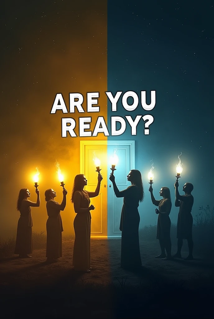 Here’s a point-by-point breakdown for creating an effective YouTube thumbnail for a video on Matthew 25:1-13:

### 1. **Central Visual:**
   - **Concept:** Divide the thumbnail into two sections: one depicting five lit lamps (symbolizing the wise virgins) and the other showing five extinguished or dim lamps (symbolizing the foolish virgins).
   - **Visual:** This clear division visually conveys the contrast between the prepared and unprepared virgins.

### 2. **Title/Text Overlay:**
   - **Text:** Use an engaging title like "Are You Ready?" or "The Parable of the Ten Virgins."
   - **Font:** Choose a bold, readable font with contrasting colors, like white text with a black outline, to ensure clarity.

### 3. **Character Representation:**
   - **Concept:** If possible, include a depiction of the ten virgins. The wise ones can be shown with calm or content expressions, holding their lit lamps, while the foolish ones appear anxious or worried, holding unlit lamps.
   - **Visual:** Use simple, stylized figures to avoid clutter.

### 4. **Background:**
   - **Concept:** Use a night sky or a dark, starry background to signify the late hour when the bridegroom arrives.
   - **Visual:** A subtle gradient from dark to light can add depth, with a possible glow around the lit lamps.

### 5. **Symbolic Elements:**
   - **Visual:** Consider adding a small image of a closed door, possibly near the foolish virgins, to symbolize the door that was shut to them.
   - **Effect:** This symbolizes the finality of their situation, reinforcing the video's message.

### 6. **Color Scheme:**
   - **Colors:** Use warm colors like gold or yellow for the wise virgins' side and cooler colors like blue or grey for the foolish virgins' side.
   - **Effect:** This contrast makes it easy for viewers to grasp the key point at a glance.

### 7. **Emotional Tone:**
   - **Concept:** The thumbnail should evoke a sense of urgency and reflection.
   - **Visual:** The expressions and the dark vs. light th