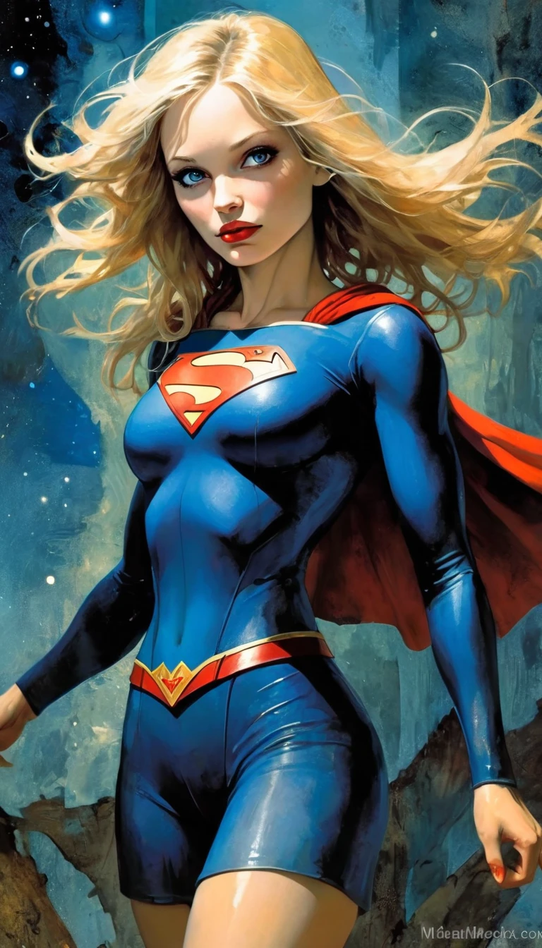 ((full body view)), (Supergirl amazingly flies through outer space), (Complete DC Comics superhero), outside, highlight your muscles and scars. The landscape is lush and mysterious, with galaxies all around you. The camera details everything... ((she has blonde hair, she has long hair)), (she has a confident smile, heroic pose), (her attitude is fearless), (she has an arrogant personality). (best quality, 4k, 8k, high resolution, masterpiece: 1.2), ultra detailed, (realistic, photorealistic, photorealistic: 1.37), intricate details, vivid colors, sharp focus, professional, artwork by Dave McKean, surreal oil touch, painting style oil painting, portrait, woman, beautiful detailed eyes, beautiful detailed lips, dreamy atmosphere, play of shadows, soft lighting, fun pose, dark tones, ethereal background, fantasy elements, texture, layered composition., art inspired by Bill Sienkiewicz and Dave McKean