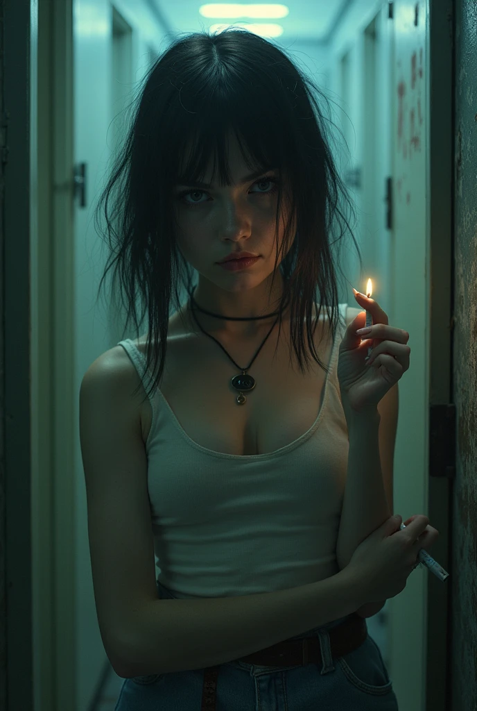 masterpiece, highest quality, (solo focus), (perfect face:1.1), (high detail:1.1), (hyper detailed eyes),Bright torture chamber、Sadistic high school girl is holding a torture device.Holding a cigarette、A crazy smile、Look at viewers、Make the screen brighter