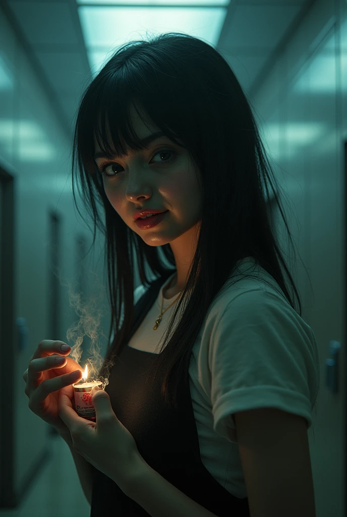 masterpiece, highest quality, (solo focus), (perfect face:1.1), (high detail:1.1), (hyper detailed eyes),Bright torture chamber、Sadistic high school girl is holding a torture device.Holding a cigarette、A crazy smile、Look at viewers、Make the screen brighter