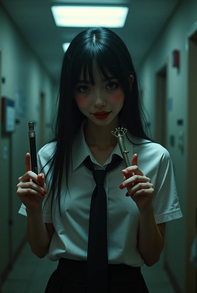 masterpiece, highest quality, (solo focus), (perfect face:1.1), (high detail:1.1), (hyper detailed eyes),Bright torture chamber、Sadistic high school girl is holding a torture device.Holding a cigarette、A crazy smile、Look at viewers、Make the screen brighter