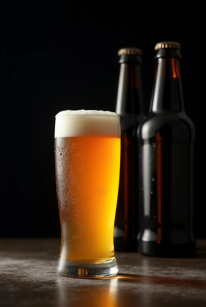 Making a beer with two bottles behind, bottle with black packaging with a black background and there must be a glass of beer in front of it with a black background