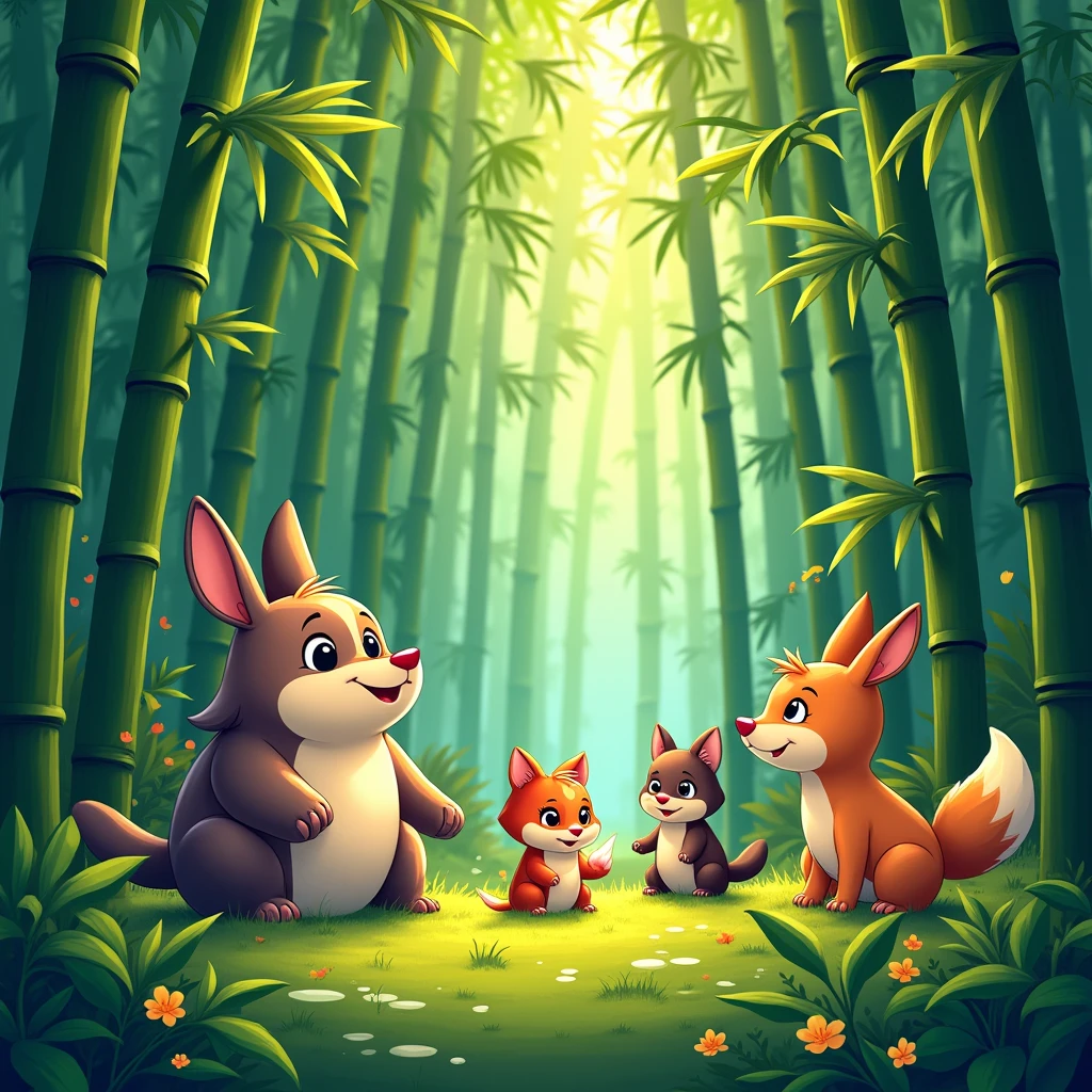 bamboo forest, Cartoon illustration style, whimsical and expressive characters, exaggerated features and emotions, versatile and adaptable for various storytelling purposes, (best quality, masterpiece, photorealistic), very aesthetic, perfect composition, intricate details, ultra-detailed, vivid colors