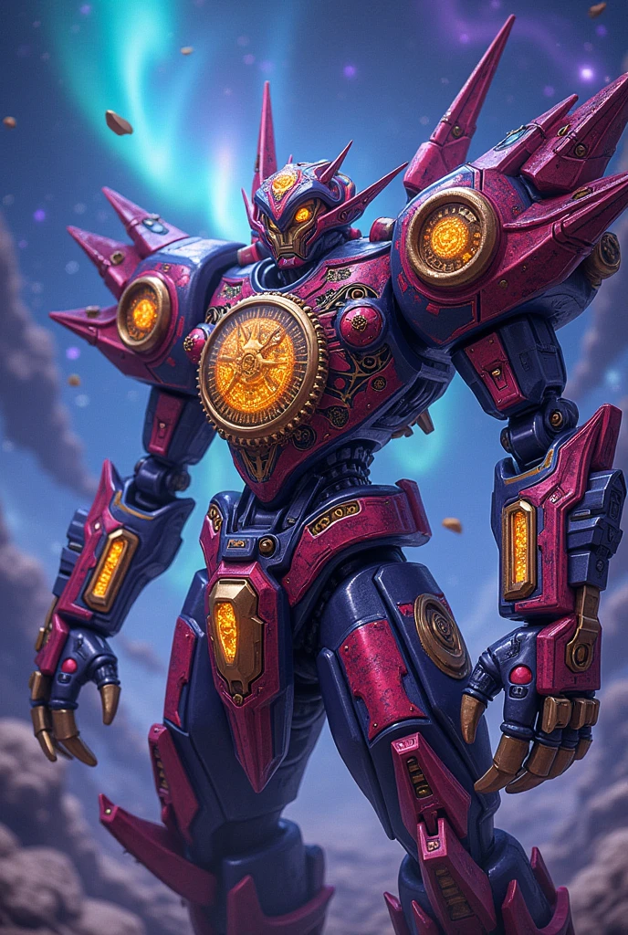 A close-up of a card with a bot on it, Full Art, gear mecha, Yu-Gi-Oh Card, Card Art, Divine Chaos Engine, Trading Card Fans, The name is Trip Machine, Extended Art, collectible Card Art, Art depicting control freaks, Celestial Clockwork, Detailed Key Anime Art, canon on chest, Official artwork, Gear Aurora Borealis
