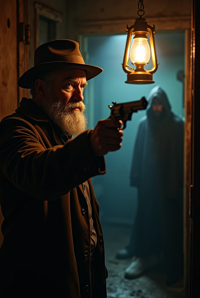 Detective pulls out his revolver, aiming determinedly at the hooded figure in the dark, cluttered room lit by a lantern.