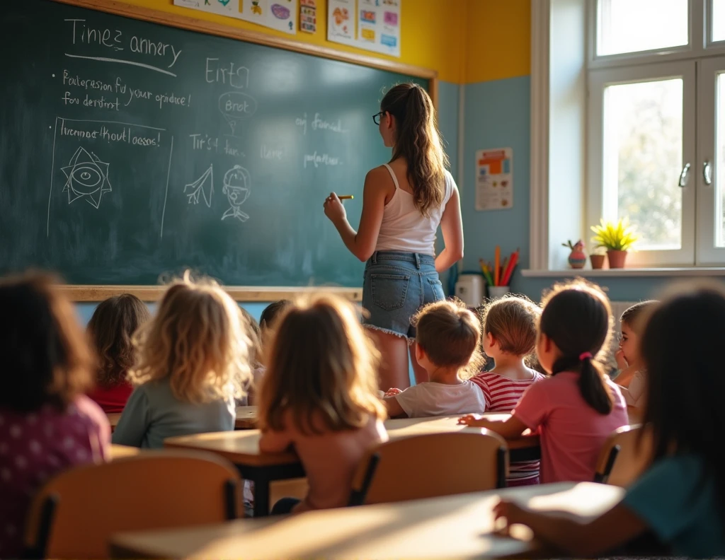 Teacher writing on a blackboard in a classroom full of children. The teacher is young and naked