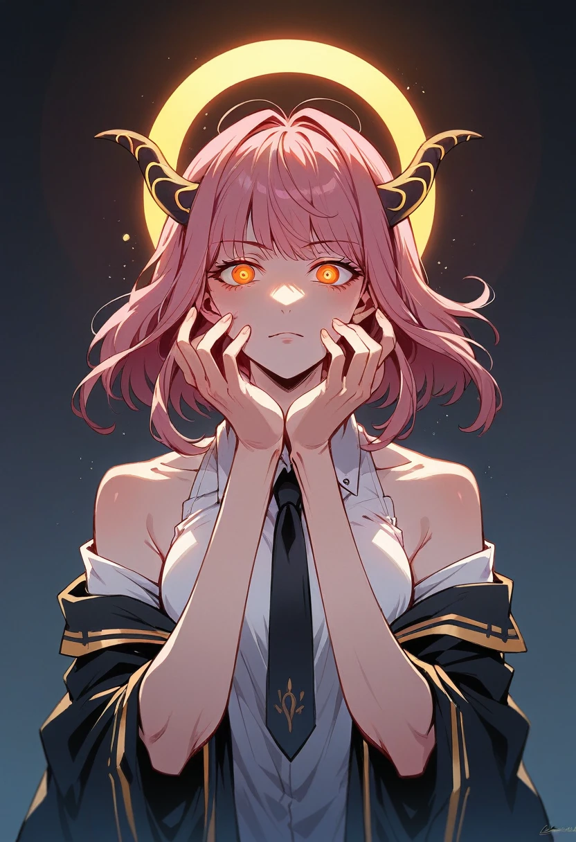 makiman,"A striking digital art portrait of a young woman with long, flowing pink hair, a glowing neon halo, and horns atop her head. Her intense red-orange eyes shine with a piercing, hypnotic gaze. She wears a white collared shirt and a black tie, projecting a powerful, confident presence. Black-gloved hands surround her, gently touching her head and shoulders, adding a sense of tension. The background is dark, with deep shades of purple and red, highlighting the chains crisscrossing behind her, creating a dramatic, otherworldly atmosphere."