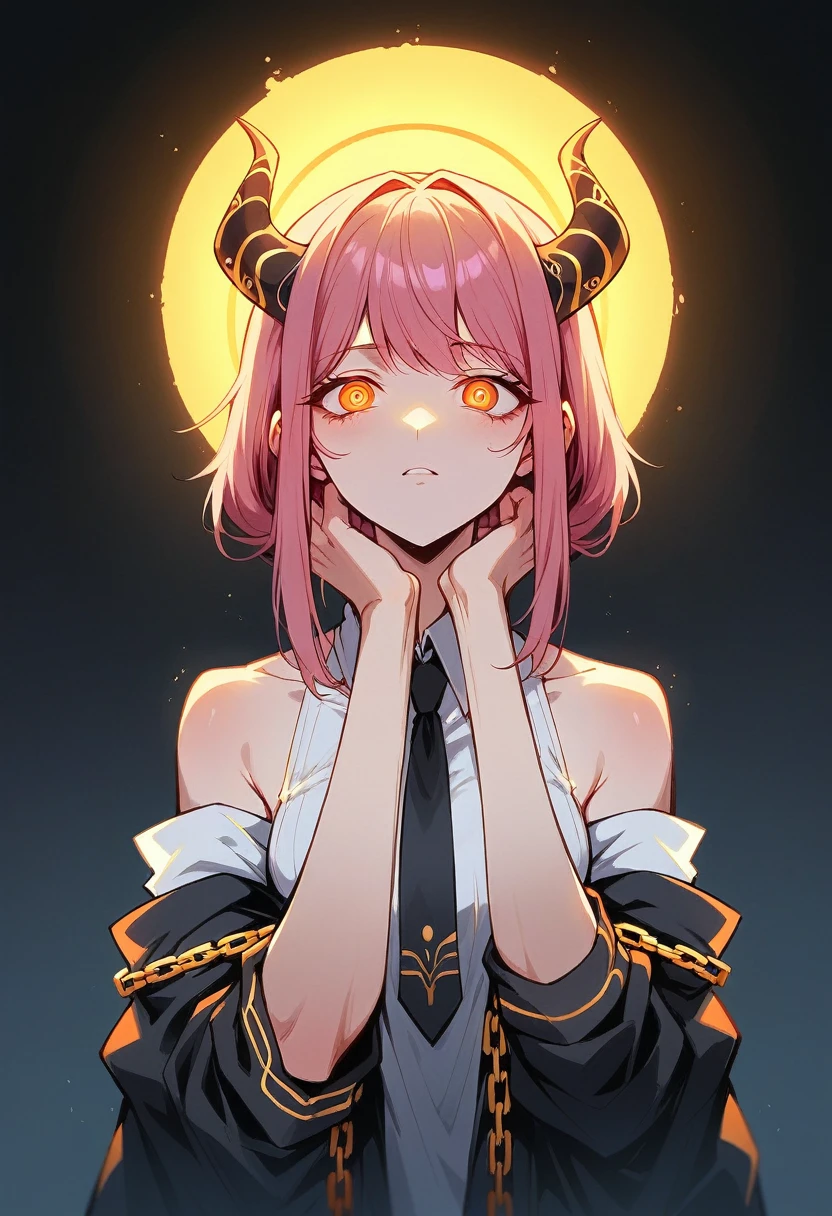 makiman,"A striking digital art portrait of a young woman with long, flowing pink hair, a glowing neon halo, and horns atop her head. Her intense red-orange eyes shine with a piercing, hypnotic gaze. She wears a white collared shirt and a black tie, projecting a powerful, confident presence. Black-gloved hands surround her, gently touching her head and shoulders, adding a sense of tension. The background is dark, with deep shades of purple and red, highlighting the chains crisscrossing behind her, creating a dramatic, otherworldly atmosphere."