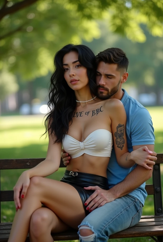 Magnificent detail, 8K Photos, hyper- realism, realistic background, visual depth, wide angle lens, professional light. front view {a couple of a beautiful 23 year old woman, brunette, Bblack hair, white-skinned, sitting on a bench in a square, being hugged by her blonde boyfriend. She has a tattoo on her abdomen that says "Slave of BBC" and another hotwife symbol tattoo (The black spade suit with a "q" white within the suit) na perna}. {She wears a leather mini skirt and a white strapless top.} {The spade suit is black and has a "q" white inside the symbol} {the woman has a beautiful curvy body, muscular legs, breasts small.} The setting is a public park. The man wears jeans and a blue shirt. The woman does not reciprocate the affection, bored expression, staring at a tall strong muscular black man. 