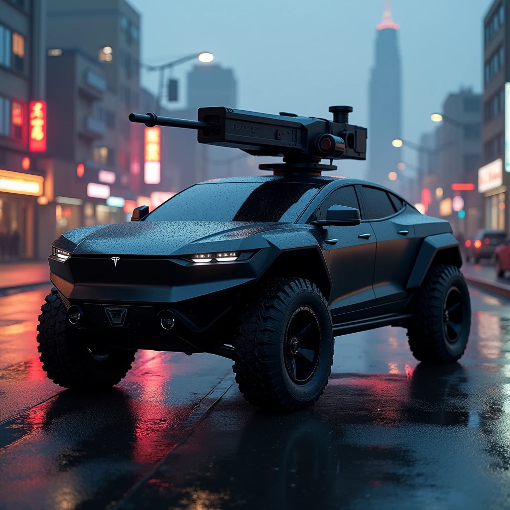 Let's create a futuristic black armored version of the Tesla Cybertruck with a military turret attached in the same color