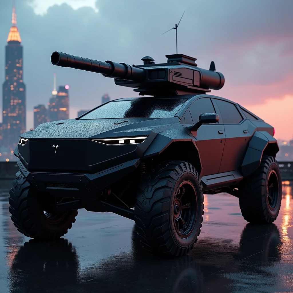 Let's create a futuristic black armored version of the Tesla Cybertruck with a military turret attached in the same color