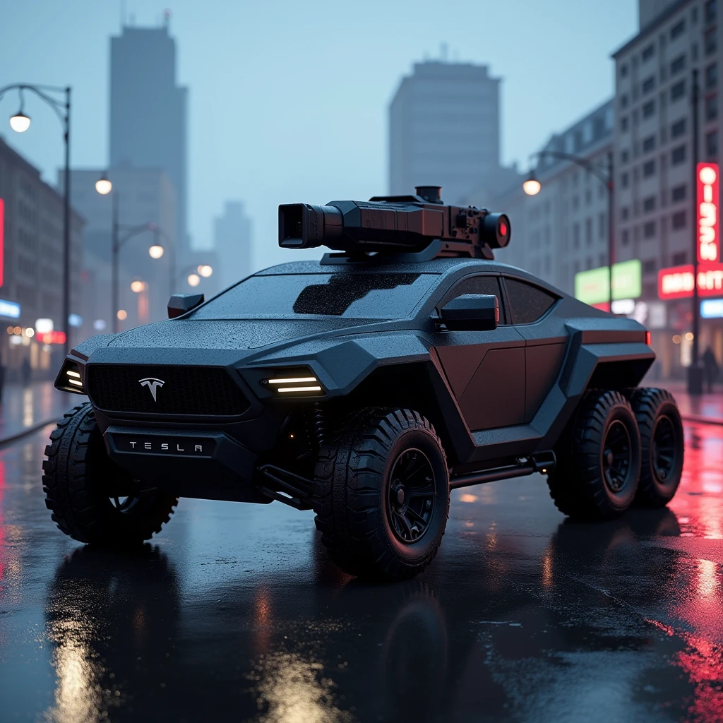 Let's create a futuristic black armored version of the Tesla Cybertruck with a military turret attached in the same color