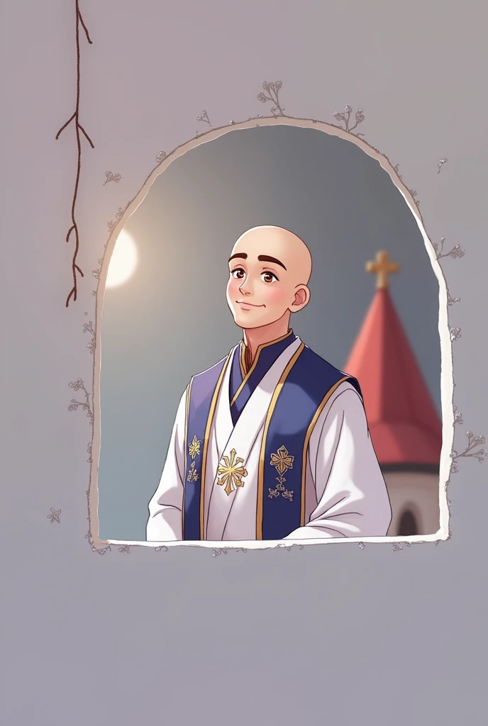 digital illustration, A young bald priest with bright brown eyes, smiling, open frame, whole body. Ken style details about clothes. Neutral background pastel tones, A red-roofed church looks very small