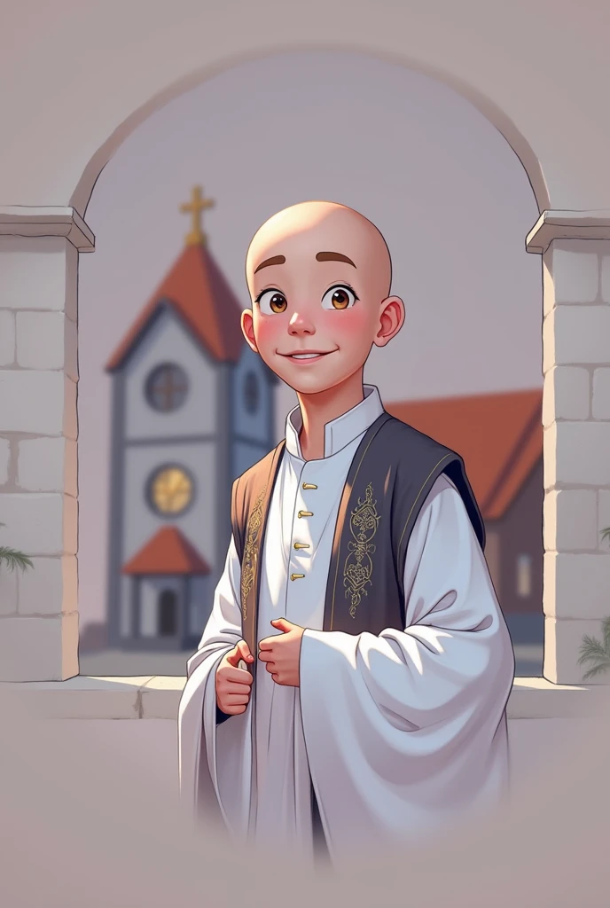 digital illustration, A young bald priest with bright brown eyes, smiling, open frame, whole body. Ken style details about clothes.  Neutral background pastel tones,  A red-roofed church looks very small