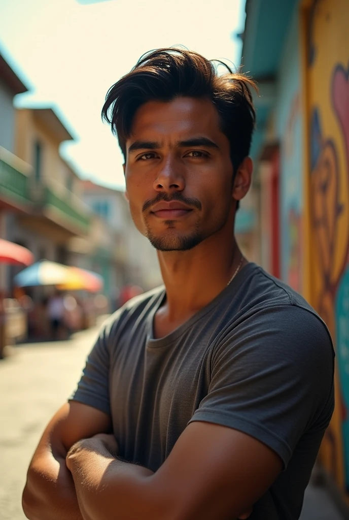 Man, beautiful, attractive face, hazel eyes, perfect jaw and chin, muscular, defined, attractive body , wearing a dirty, torn shirt , body hairs rebeldes castanho queimado do sol , in the Brazilian favela , with houses from Brazil , is on the wall of a gate , pleasant afternoon , closed smile, eyes shining with tears, Gratitude , body hair, sweaty skin , Tears in your eyes and on your face, The light of the sky illuminates your face