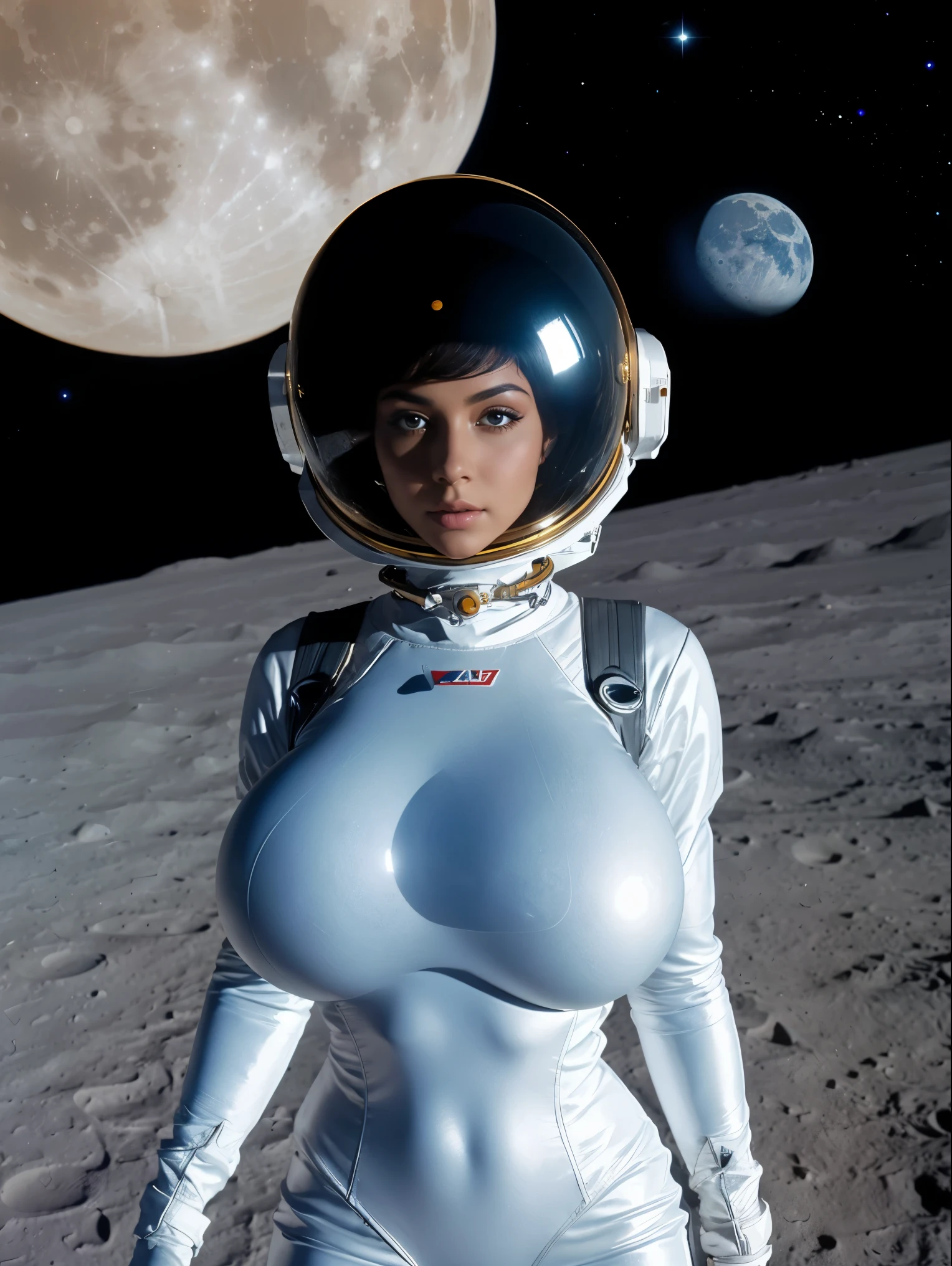 [nudity, explicit] nsfw Sexy space girl, beautiful young woman, supermodel looks, wearing a tight thin revealing white Lycra space suit, cleavage,  erect nipples through clothing,  vaginal  lips through pants, space helmet, stars and planets background