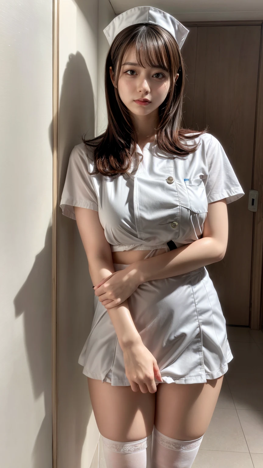 masterpiece, best quality, illustration, Super detailed, fine details, High resolution, 8K,wall paper, perfect dynamic composition,(Details High quality, realistic depiction of eyes:1.3), Hospital Rooms、White nurse cap、White tights、White nurse uniform、standing、Hand skirt、Flipping up a white skirt, large breasts,short bob hair, black hair color, Big Natural Color Lip, bold sexy pose, crying a little、20 year old girl、cute type、beautiful legs, hposing Gravure Idol