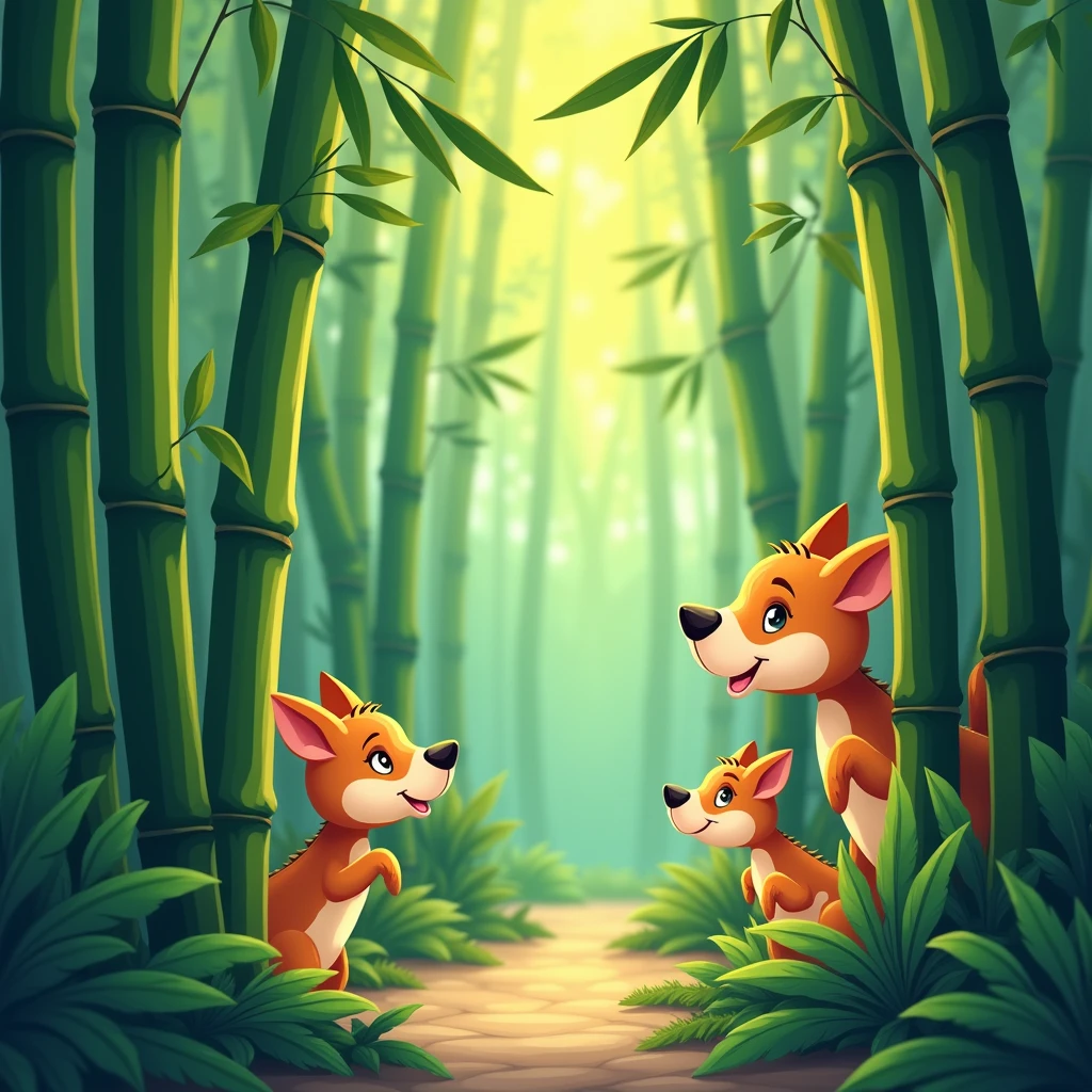 bamboo forest, Children's book illustration style, whimsical and charming imagery, bright and playful colors, engaging characters and storytelling, cartoon, (best quality, masterpiece, photorealistic), very aesthetic, perfect composition, intricate details, ultra-detailed, vivid colors