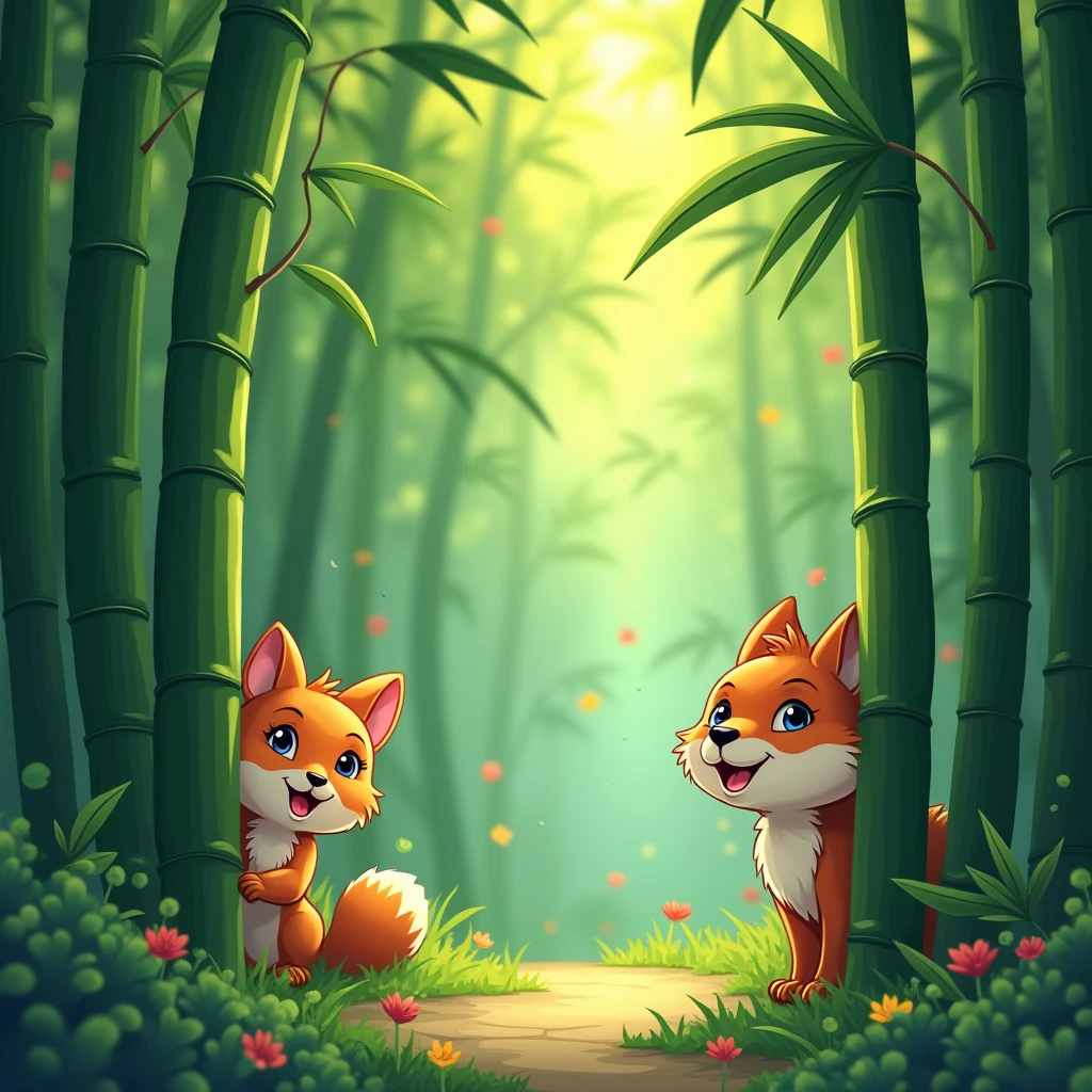 bamboo forest, Children's book illustration style, whimsical and charming imagery, bright and playful colors, engaging characters and storytelling, cartoon, (best quality, masterpiece, photorealistic), very aesthetic, perfect composition, intricate details, ultra-detailed, vivid colors
