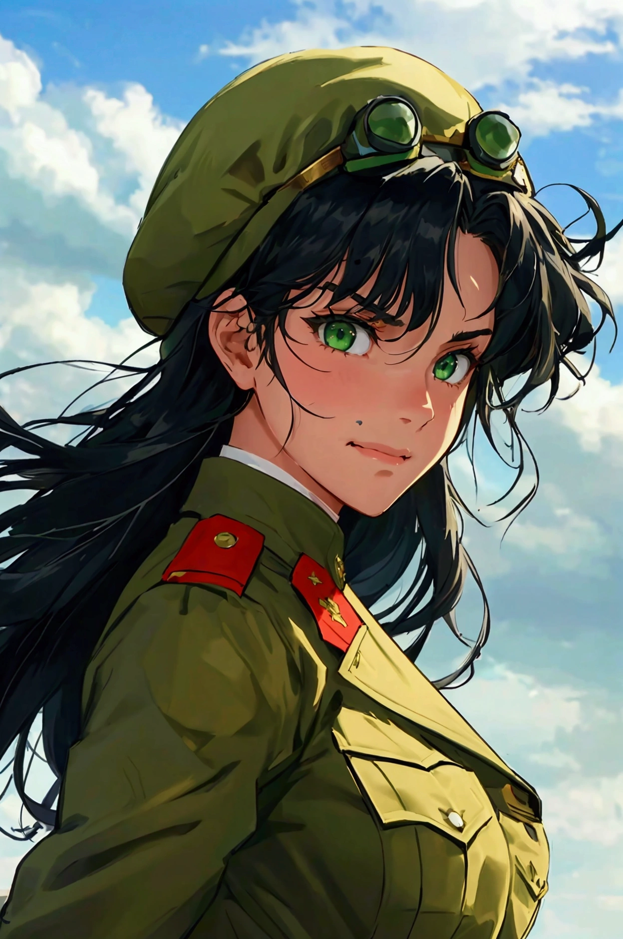 masterpiece, best quality, solo, 1girl, black long wavy hair:1.2, green eyes, frowning:0.6, smiling:1.1, looking at viewer, military, tank background, officer modern uniform, uniform pants:1.1, full body, outdoor, dynamic lighting, frowning, scolding, big sized breasts