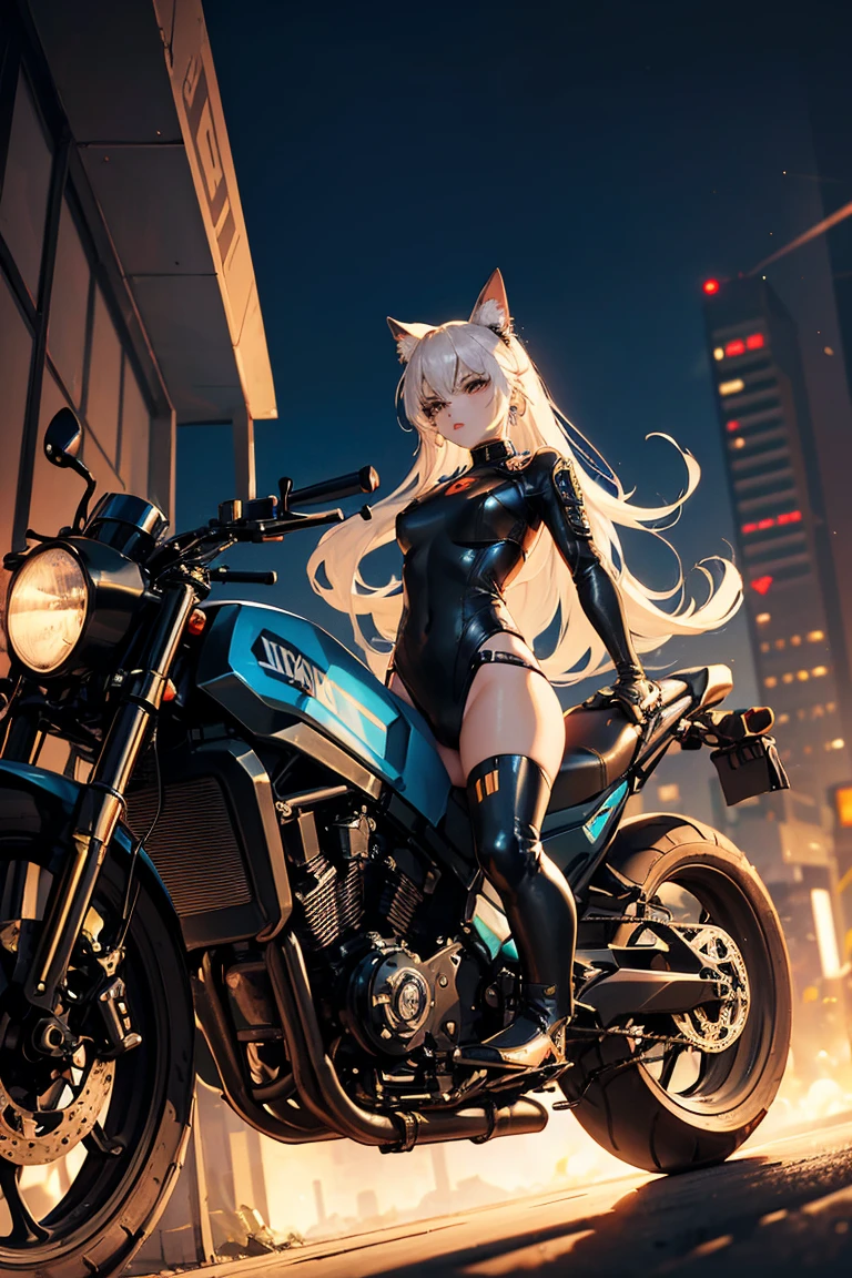 Huntress riding a high-tech motorcycle, Shoot high-tech artillery, Sparks from the gun, (1 female, brown eyes, white skin, Twin-tailed hair, choker, small breasts, skinny, lip whole, compensate, eyeliner, Russia), Wearing black one-piece leather armor, Long leather gloves, long Leather boots, In a cyberpunk town at night, (cyberpunk theme), (masterpiece, highest quality, 8K, sharp focus, Depth of bounds written, best shadows, perfect light, HDR, realistic skin texture, Ultra-detailed and detailed background), wide shot