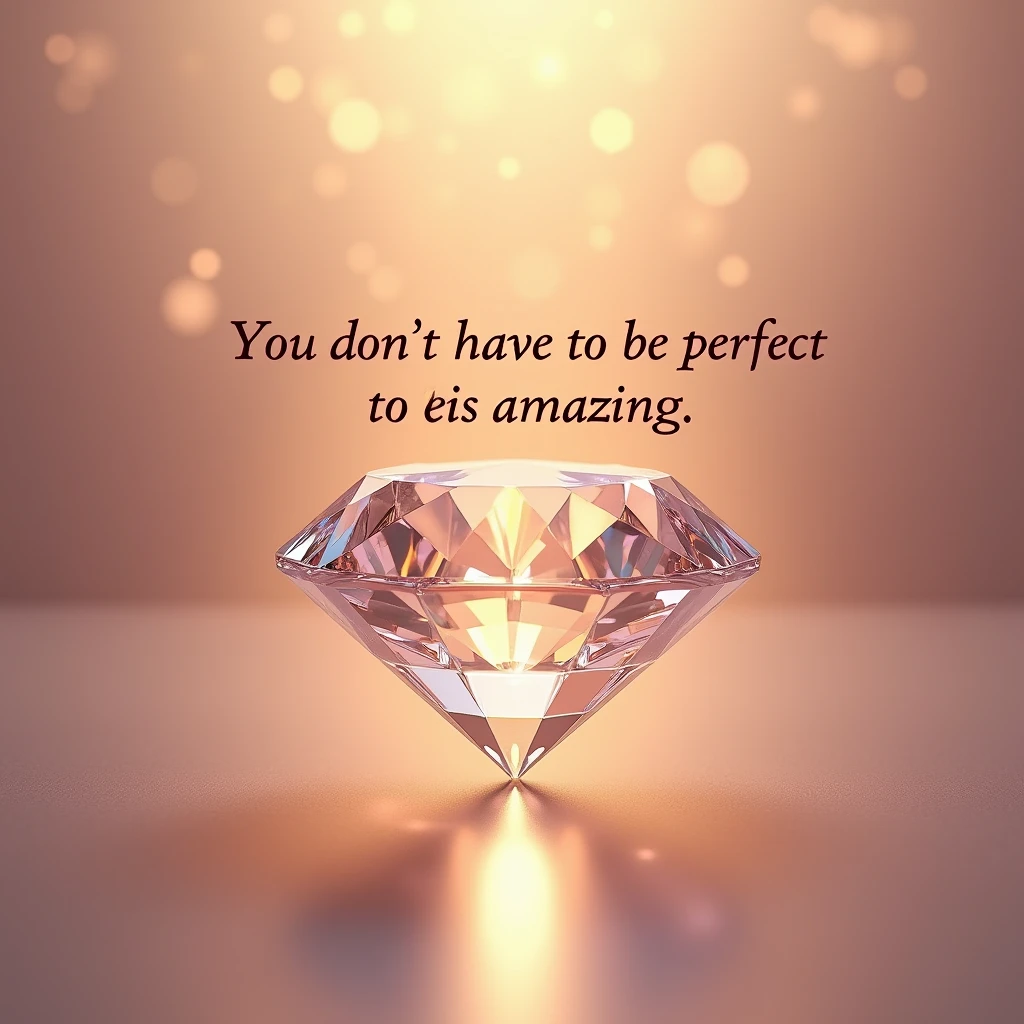 An artistic image featuring an imperfectly shaped diamond shining brightly, surrounded by soft, glowing light. The text ‘You don’t have to be perfect to be amazing’ is displayed in a stylish, elegant font, emphasizing the message of embracing imperfection. The background is a gradient of warm, soothing colors like soft pinks and golds