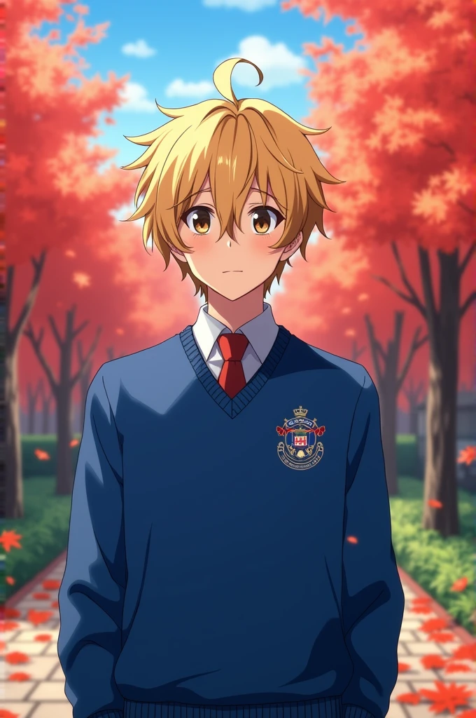 Ator Yokohama Ryuusei, momiji sohma, Live action,hair is blond, short and wavy,messy bangs that frame her face and brown eyes, blonde eyebrows,Kaibara Municipal High School standard male uniform, which consists of a blue sweater, white during the summer. house of sohma.