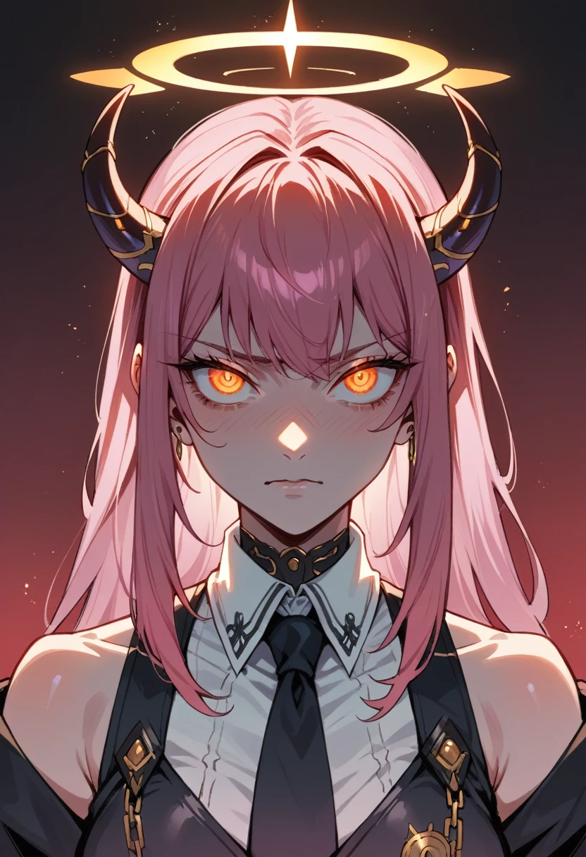 makiman,"A striking digital art portrait of a young woman with long, flowing pink hair, a glowing neon halo, and horns atop her head. Her intense red-orange eyes shine with a piercing, hypnotic gaze. She wears a white collared shirt and a black tie, projecting a powerful, confident presence. Black-gloved hands surround her, gently touching her head and shoulders, adding a sense of tension. The background is dark, with deep shades of purple and red, highlighting the chains crisscrossing behind her, creating a dramatic, otherworldly atmosphere."