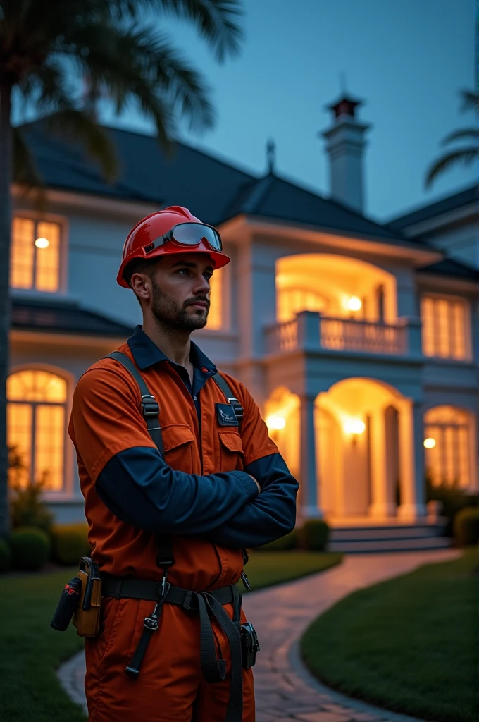 Electrical services poster with electrician and luxurious bangalow pictur which is glows by lights