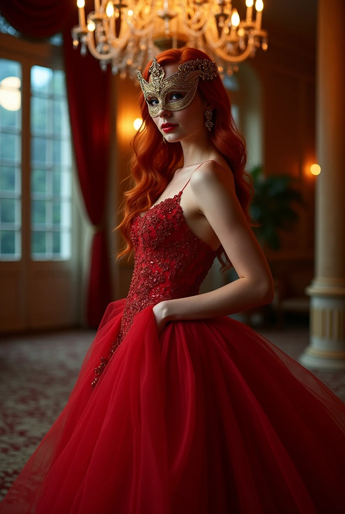 Redhead woman in long red dress and ball mask ,fully body 