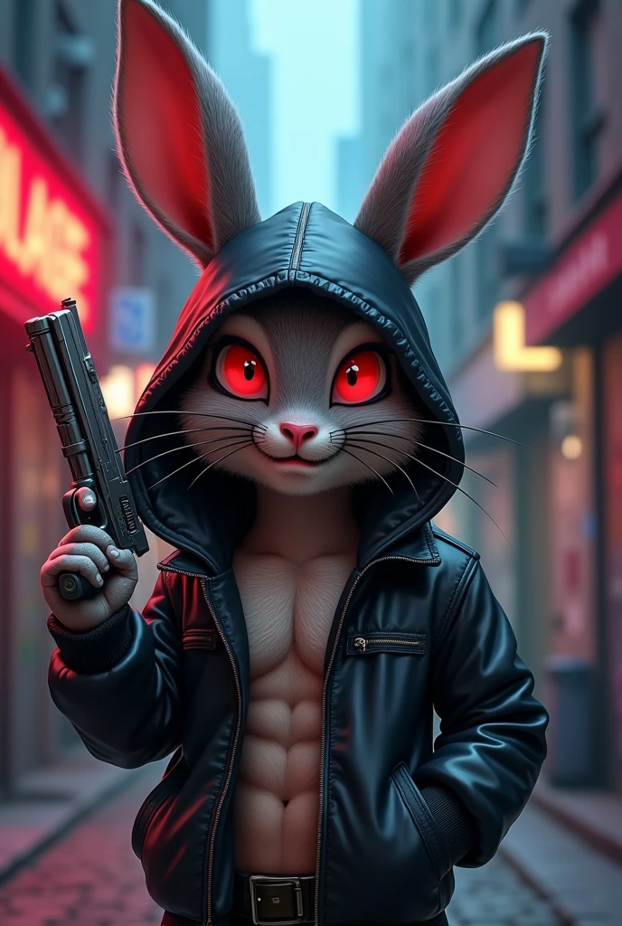 cartoon rabbit devil face ,bandit, black jacket, shirtless, ABS, gold chains, gun in hand