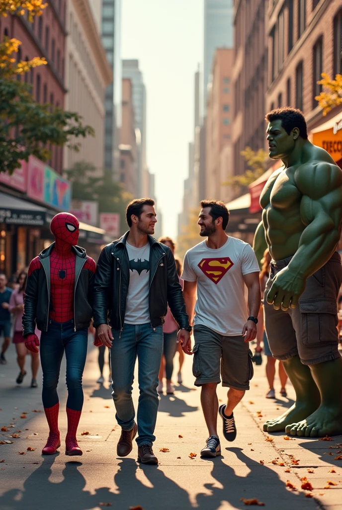 put the spiderman characters, Batman, superman and hulk as normal people on another day of work walking around the city