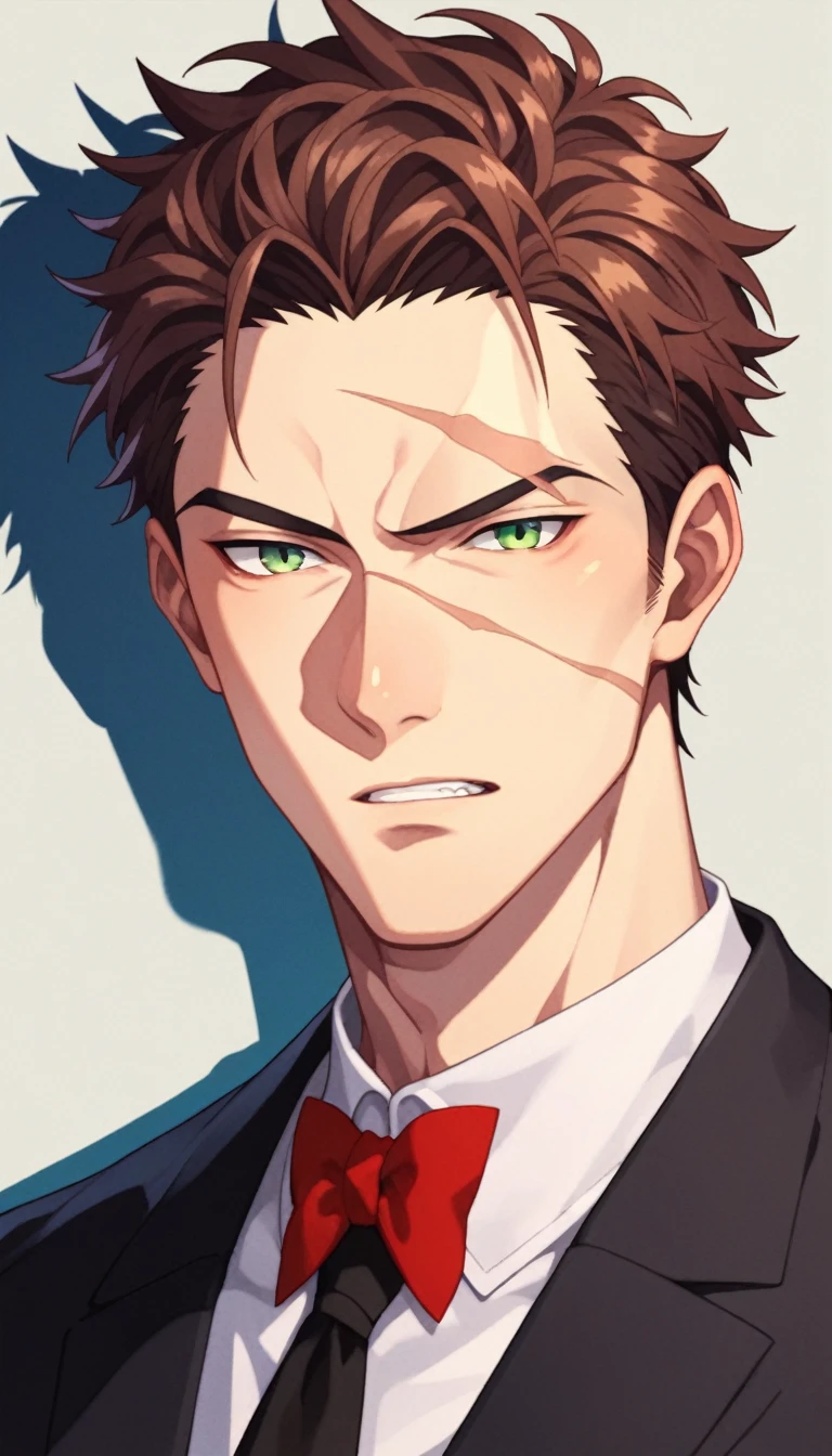 Anime Style, Yakuza, Japan Mafia, Scars on the face, Quietly angry, Middle-aged man, Reddish brown hair, Green Eyes, Sharp Eyes, Short Hair, Calm. wise, Staggered sunglasses, Black ceremonial clothing, Background of the Ascending Dragon, Worldview of the Underworld, Surrealism, Expressionism, Anime Style, Cast a Shadow, Film Grain, Vignetting, silhouette, 1080P, Anatomically correct