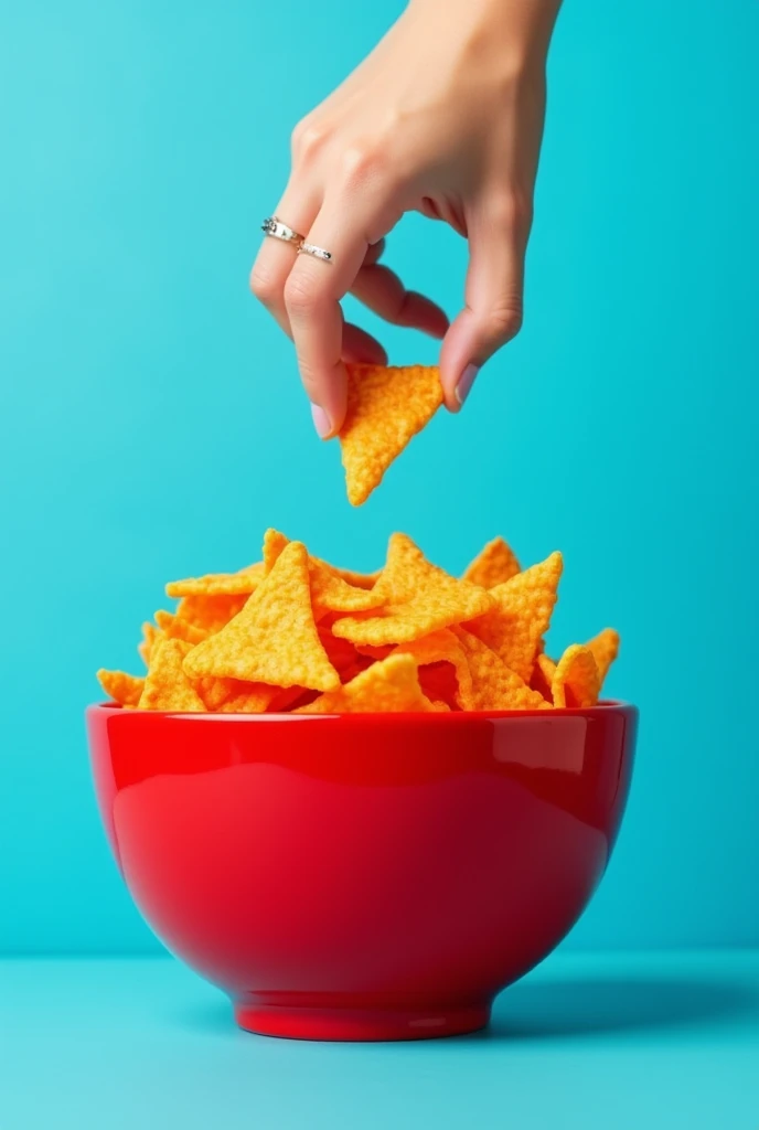 create a large red bowl full of doritos with a uniform cyan blue background with a hand picking up a dorito
