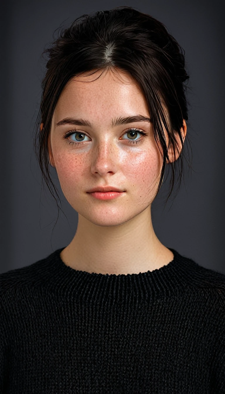 features a young individual with fair skin and dark hair cut slightly below the chin. Your eyes are light in color, and they have prominent freckles on their cheeks and nose. The individual is looking directly at the viewer, displaying a neutral to subtly thoughtful expression, with the head slightly tilted. They are wearing what appears to be a dark sweater or blouse.. The background is solid, in warm tones, coral color that contrasts with the subject's dark hair and pale complexion, bringing focus to your face and expression. skirt, meias, sutiã preto, black glove, visão de teto, lying in bed, smiling, sexy, visão de cima, lençol, deitada, visão do corpo inteiro, view from above,