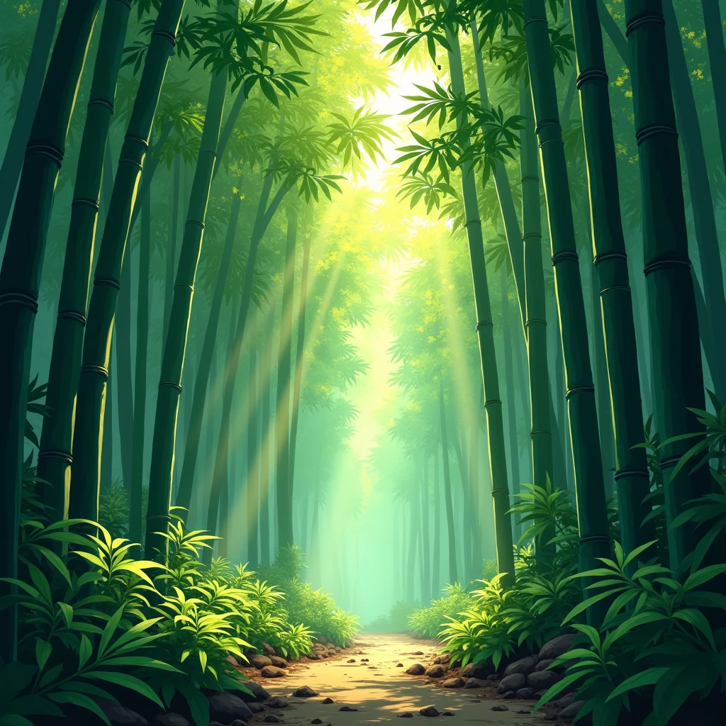 bamboo forest, Fantasy illustration style, transports viewers to imaginative worlds, epic landscape, and heroic adventures, sparks wonder and inspiration, (best quality, masterpiece, photorealistic), very aesthetic, perfect composition, intricate details, ultra-detailed, vivid colors