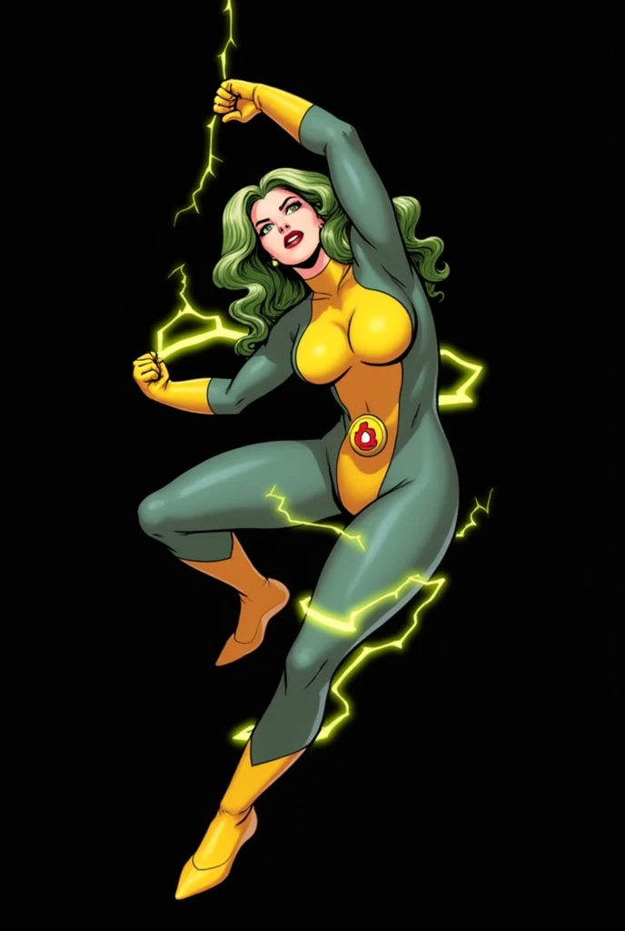 (Lorna Dane, polaris x-men, (attack uppercut pose:1.4), (busty and voluptuous body), (naked arms:1.4), (green thick wavy long hair:1.4), (huge breast:1.6), wearing a blue costume, big yellow in the chest and stomach, with yellow xmen belt, blue glowes, yellow boots, (she's surrounded by a green energy:1.5), (comic style:1.4)