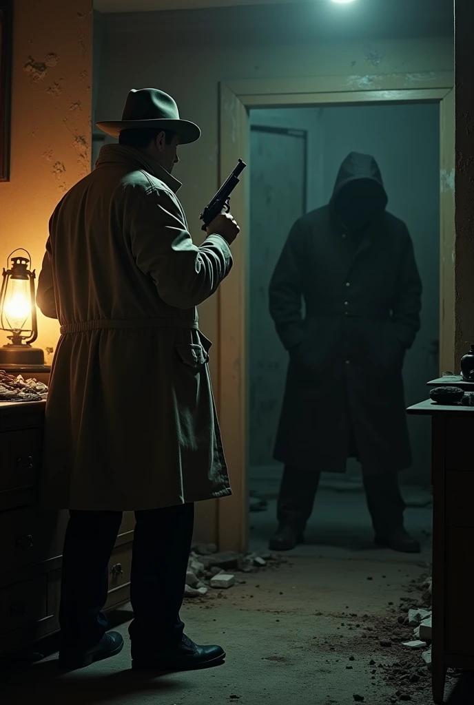 Make me the shadow man I told you about a while ago and also make me a detective who was found in an abandoned house and a sheriff shot him in the head finishing off the black shadow. I like it but just add the detective. 
