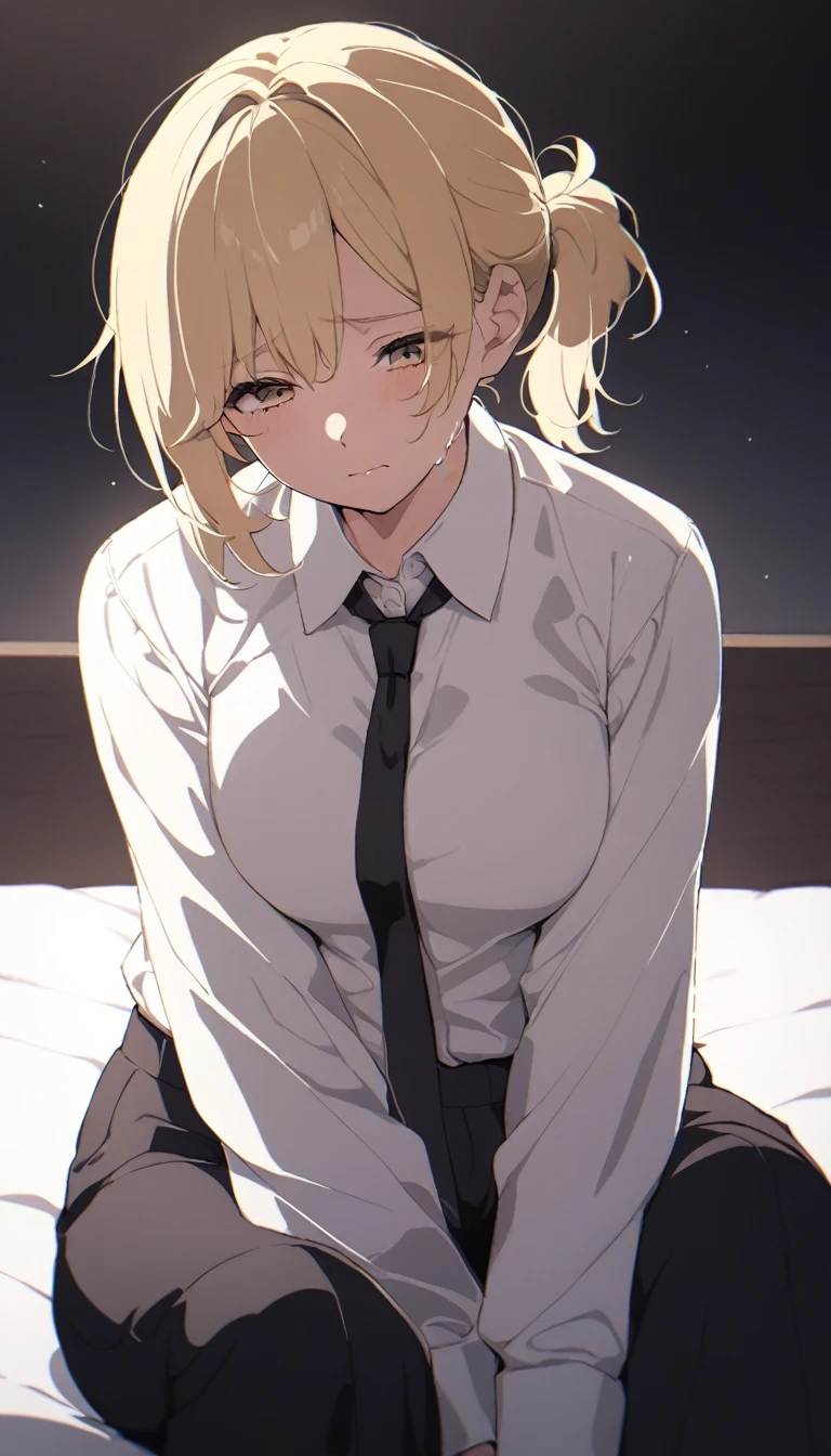solo, Adult woman, medium breasts, curvy body, Short Messy Ponytail, Blonde hair colors, close up shot on person suffering from anxiety, cry face, a woman showing sadness, lonely woman, a woman sitting in bed, white shirt, black tie, Long-sleeved shirt, black trousers, dynamic angle. no light source, dark background, night days, dark hotel bedroom background,