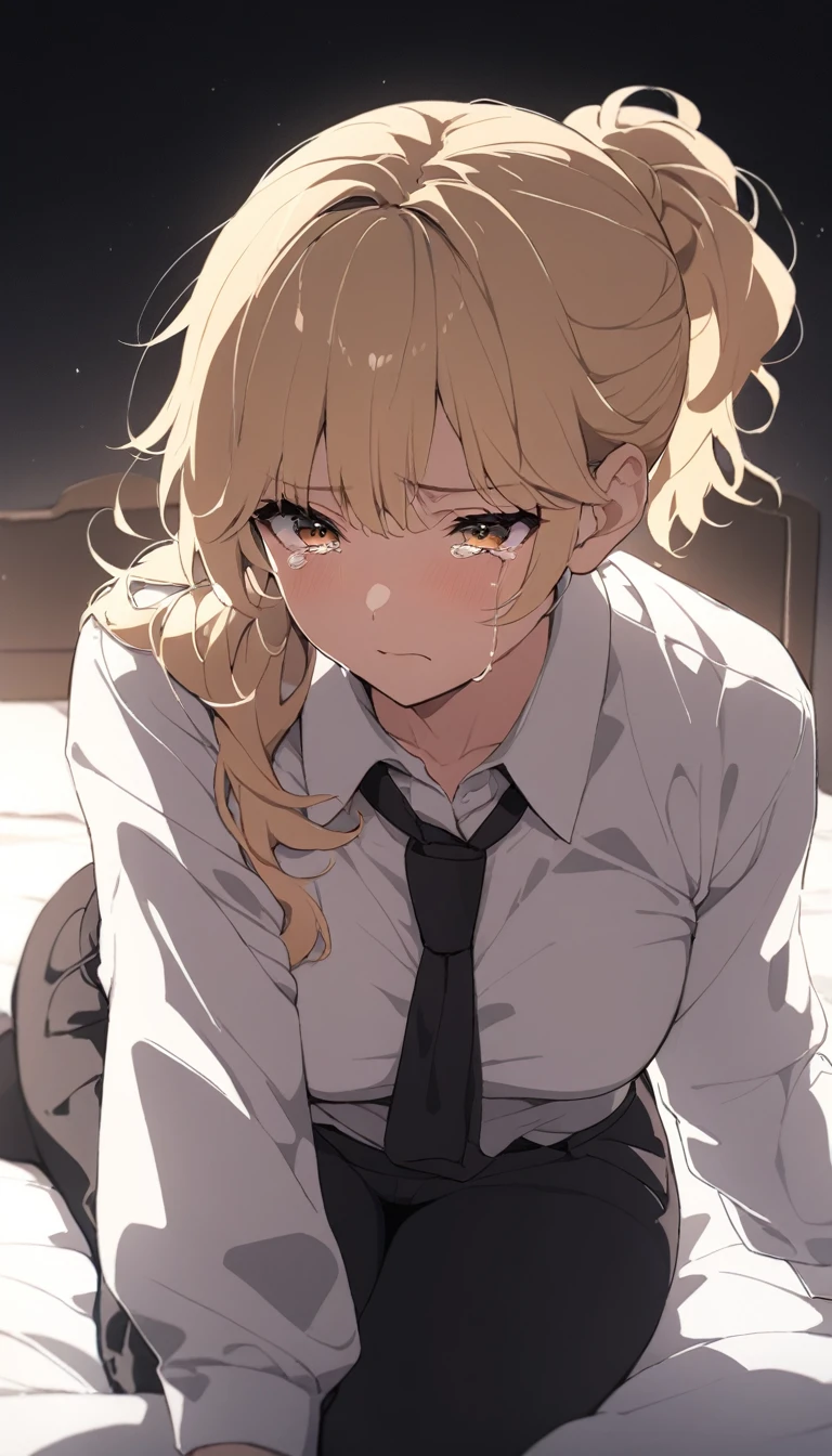 solo, Adult woman, medium breasts, curvy body, Short Messy Ponytail, Blonde hair colors, close up shot on person suffering from anxiety, cry face, a woman showing sadness, lonely woman, a woman sitting in bed, white shirt, black tie, Long-sleeved shirt, black trousers, dynamic angle. no light source, dark background, night days, dark hotel bedroom background,