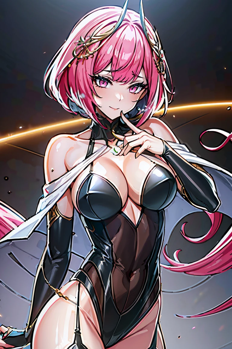 Smooth and Flawless Skin, Expressive and Captivating Eyes, Well-Defined Facial Features, Radiant and Healthy Glow, Perfectly Proportioned Face, Graceful and Symmetrical Features, Fine Details and Realistic Texture, cute face, absurdres, vivid color, beautiful portrait of cute anime girls, anime best girl, anime screencap, anime style, finely detailed, insanely detailed, exquisite, fantastic, amazing quality, top quality, professional quality, high quality, finely quality, official art, production art, super detailed skin, clear eyes, light eyes, light image, gleaming skin, oil skin, shiny skin, accurate face parts, cinematic, extremely detailed beautiful face and eyes, fair skin, 16k, 32k, 16k portrait, 32k portrait, masterpiece, Highest quality, ultra Detailed beautiful face and eyes, Detailed eyes, High resolution, beautiful, super fine illustration, extremely detailed unity cg 8k wallpaper, fearless face, perfect eyes, deep detailed eyes, perfect face, low ponytail, pink hair, hair ornament, pink eyes, leotard, zipper, white showgirl skirt, bare shoulder, thighighs, thigh high boots, bare thighs, cleavage, cleavage cutout, adult face, elbow gloves, jewelry, garter belt, garter straps, collarbone tattoo, chest tattoo, hair between eyes, evil grin, perfect hands, perfect fingers, five finger, four finger and one thumb, skin tight, straight bangs, beautiful hair, very long skirt, perfect anatomy, perfect female body, perfect proportion, fingerless gloves, bare fingers gloves, extremely ultra detailed beautiful hands and fingers, back hair, perfect hair, cowboy shot,