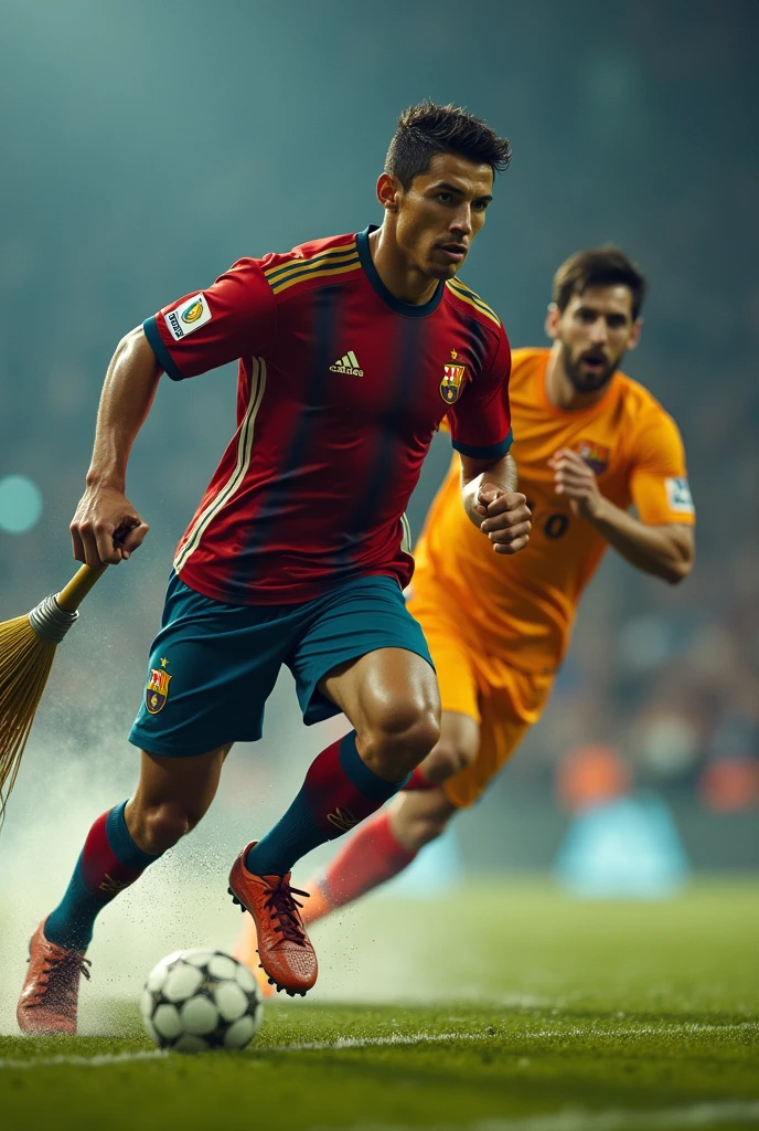 a muscular man running quickly, cristiano ronaldo, messi chasing after him angrily, cristiano ronaldo holding a broom to defend himself, detailed facial features, powerful movement, dramatic action scene, cinematic lighting, vibrant colors, photorealistic, hyper detailed, 8k, masterpiece