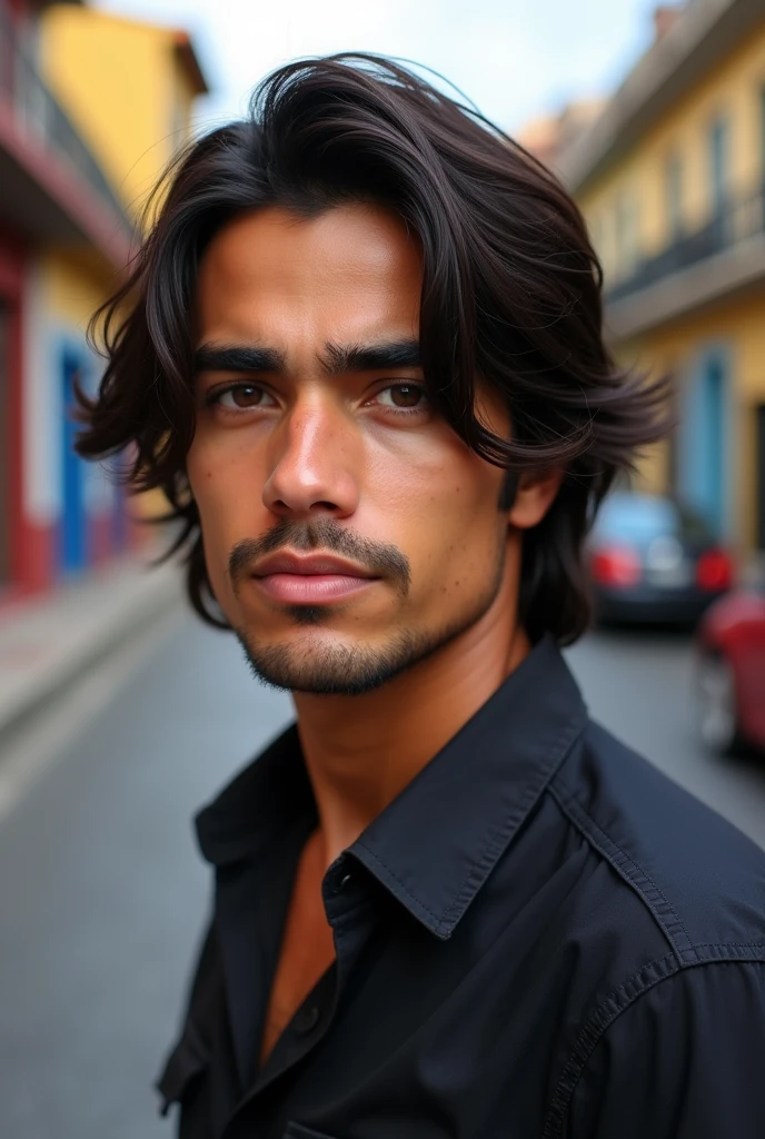 tall white man, with clear, slanted eyes, dark and bushy eyebrows, about , low hairstyles for straight hair, disheveled and dark brown, facial moles not so marked, Without beard, NO BEARD no facial hair, Venezuelan