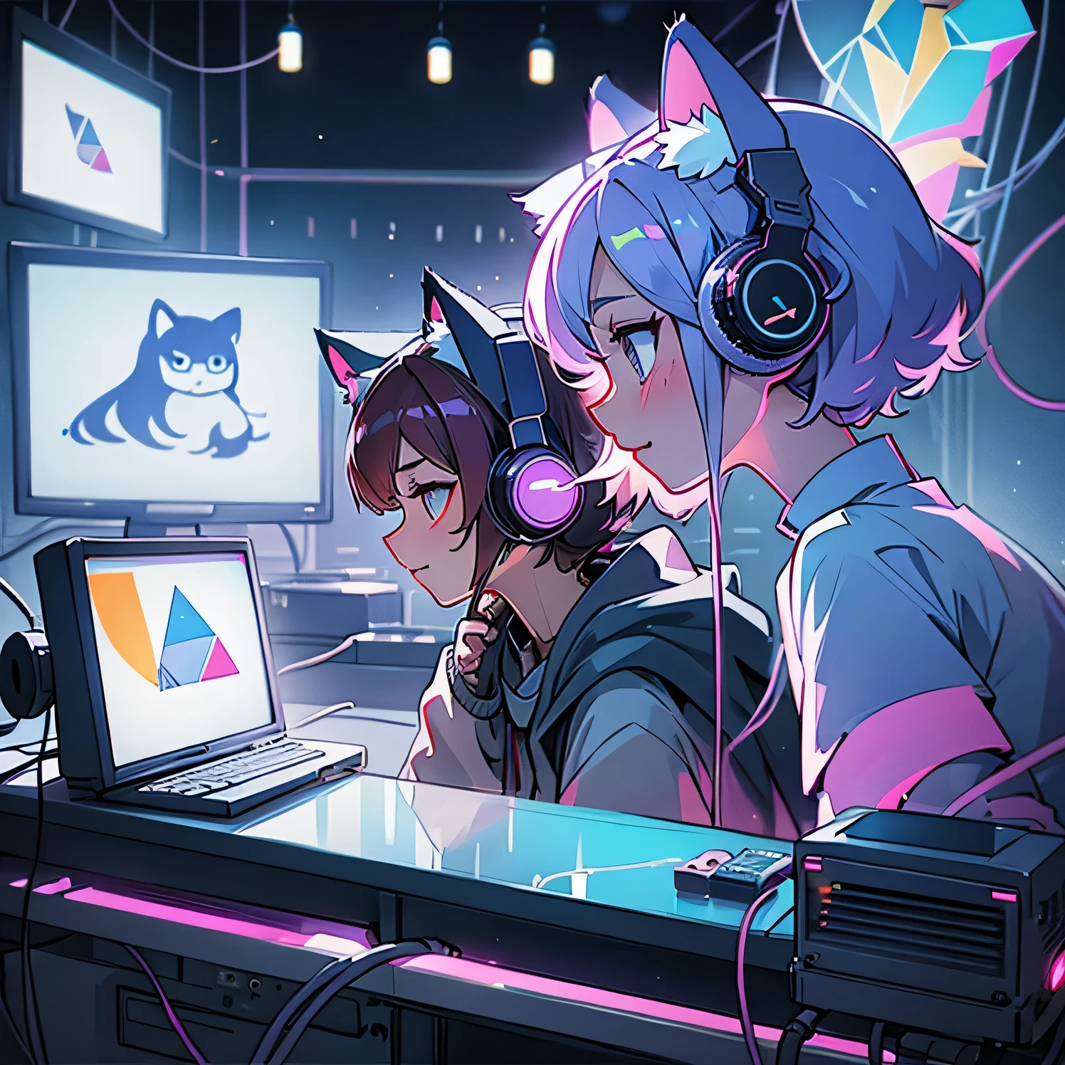 Distributor、Cat ear headphones、monitor、profile、beautiful girl、prism、Condenser microphone、electronic sound