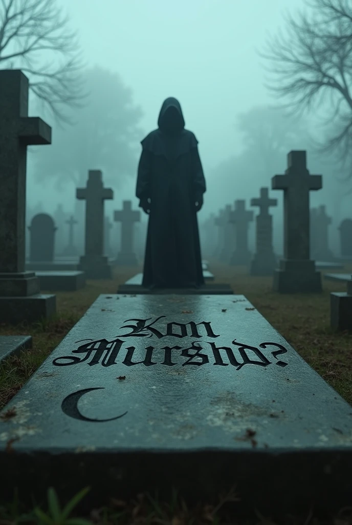 quality(masterpiece, highest quality, photorealistic, 8K resolution, sharp details, clear textures, ultra-realistic, cinematic lighting), BREAK, a Muslim graveyard (old, weathered gravestones, Arabic inscriptions, crescent moon symbols on some graves, quiet and eerie atmosphere, no crosses), BREAK, "Kon Murshid?" written in large, bold, gothic letters on a gravestone, very eye-catching and real-looking, BREAK, mysterious fog swirling around the graves, symbols of death reaching out from the mist, ominous atmosphere, fear-inducing, BREAK, 1 man (face hidden, wearing a long dark gown, standing near the grave with "Kon Murshid?" written on it), BREAK, background (foggy Muslim graveyard,kabristan mist covering the ground, ancient tombstones, eerie lighting, unsettling atmosphere), BREAK, (extremely detailed, from below angle:1.3, dynamic and cinematic), hyper-realistic with sharp focus on the text and the graves.