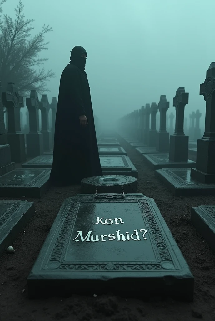 quality(masterpiece, highest quality, photorealistic, 8K resolution, sharp details, clear textures, ultra-realistic, cinematic lighting), BREAK, a Muslim graveyard (old, weathered gravestones, Arabic inscriptions, crescent moon symbols on some graves, quiet and eerie atmosphere, no crosses), BREAK, "Kon Murshid?" written in large, bold, gothic letters on a gravestone, very eye-catching and real-looking, BREAK, mysterious fog swirling around the graves, symbols of death reaching out from the mist, ominous atmosphere, fear-inducing, BREAK, 1 man (face hidden, wearing a long dark gown, standing near the grave with "Kon Murshid?" written on it), BREAK, background (foggy Muslim graveyard,kabristan mist covering the ground, ancient tombstones, eerie lighting, unsettling atmosphere), BREAK, (extremely detailed, from below angle:1.3, dynamic and cinematic), hyper-realistic with sharp focus on the text and the graves.