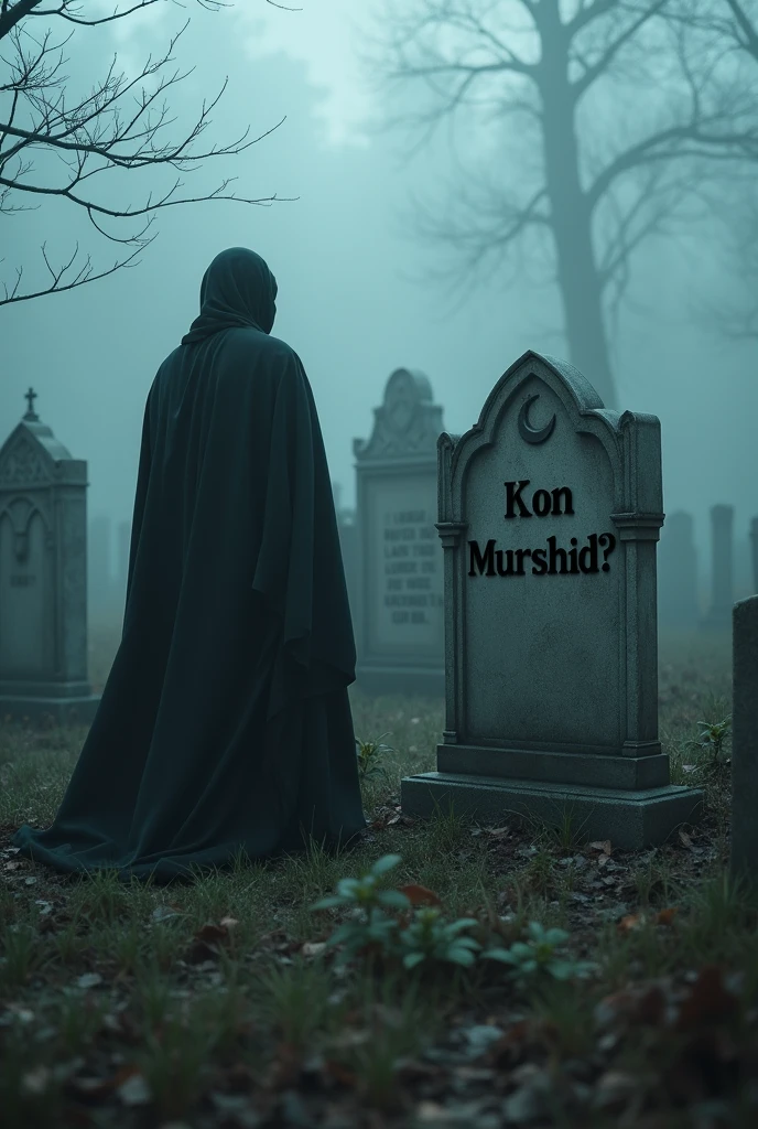 quality(masterpiece, highest quality, photorealistic, 8K resolution, sharp details, clear textures, ultra-realistic, cinematic lighting), BREAK, a Muslim graveyard (old, weathered gravestones, Arabic inscriptions, crescent moon symbols on some graves, quiet and eerie atmosphere, no crosses), BREAK, "Kon Murshid?" written in large, bold, gothic letters on a gravestone, very eye-catching and real-looking, BREAK, mysterious fog swirling around the graves, symbols of death reaching out from the mist, ominous atmosphere, fear-inducing, BREAK, 1 man (face hidden, wearing a long dark gown, standing near the grave with "Kon Murshid?" written on it), BREAK, background (foggy Muslim graveyard,kabristan mist covering the ground, ancient tombstones, eerie lighting, unsettling atmosphere), BREAK, (extremely detailed, from below angle:1.3, dynamic and cinematic), hyper-realistic with sharp focus on the text and the graves.
