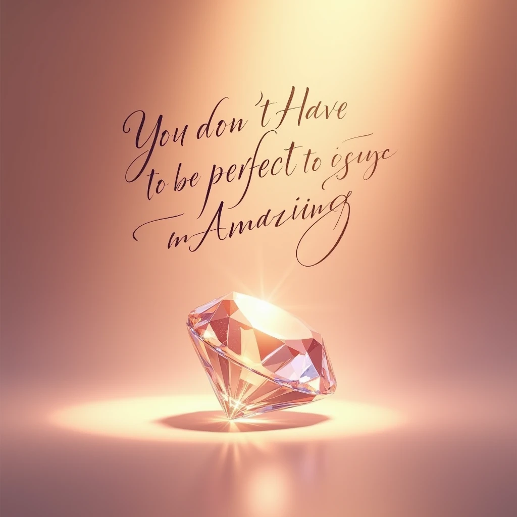 An artistic image featuring an imperfectly shaped diamond shining brightly, surrounded by soft, glowing light. The text ‘You don’t have to be perfect to be amazing’ is displayed in a stylish, elegant font, emphasizing the message of embracing imperfection. The background is a gradient of warm, soothing colors like soft pinks and golds